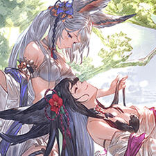 art from the game granblue fantasy, featuring yuel and societte. yuel has black hair and large fox ears, wearing a black bikini, and smiling up at societte, whose lap she is laying in. societte has long white hair and large fox ears; she is wearing white.