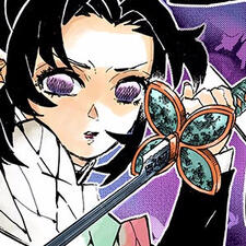 manga art of shinobu kochou from the manga demon slayer. shinobu has black and purple hair in a ponytail; she is looking into the camera and brandishing her sword.