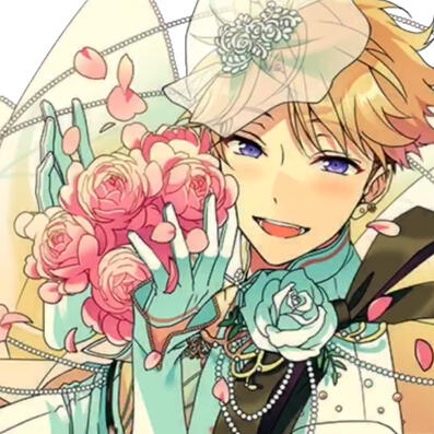 art of arashi narukami from the game ensemble stars. arashi is a pale teenage girl with blond hair and purple eyes. she's wearing a bridal-themed pant suit idol costume and holding a pink bouquet, smiling at the camera.